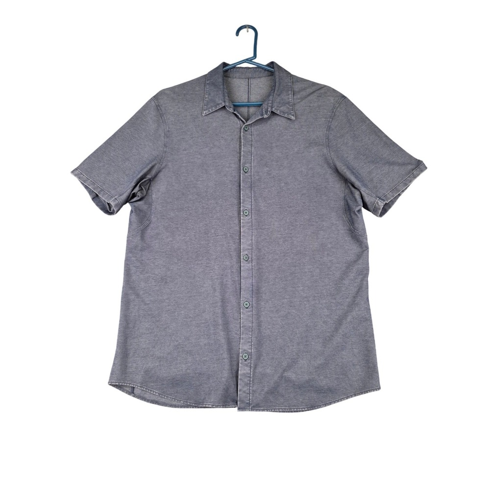 Lululemon Mens Short Sleeve Button Down Shirt Blue Gray Pique Tech One Large